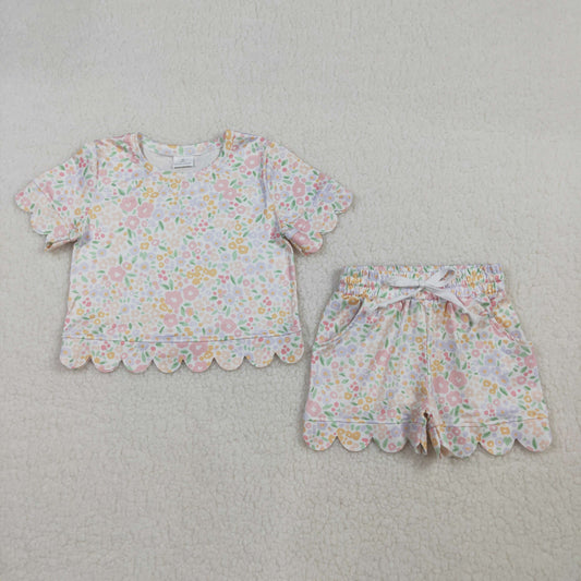 GSSO3273 Scallop Colorful Flowers Short Sleeve Shorts Girls Set