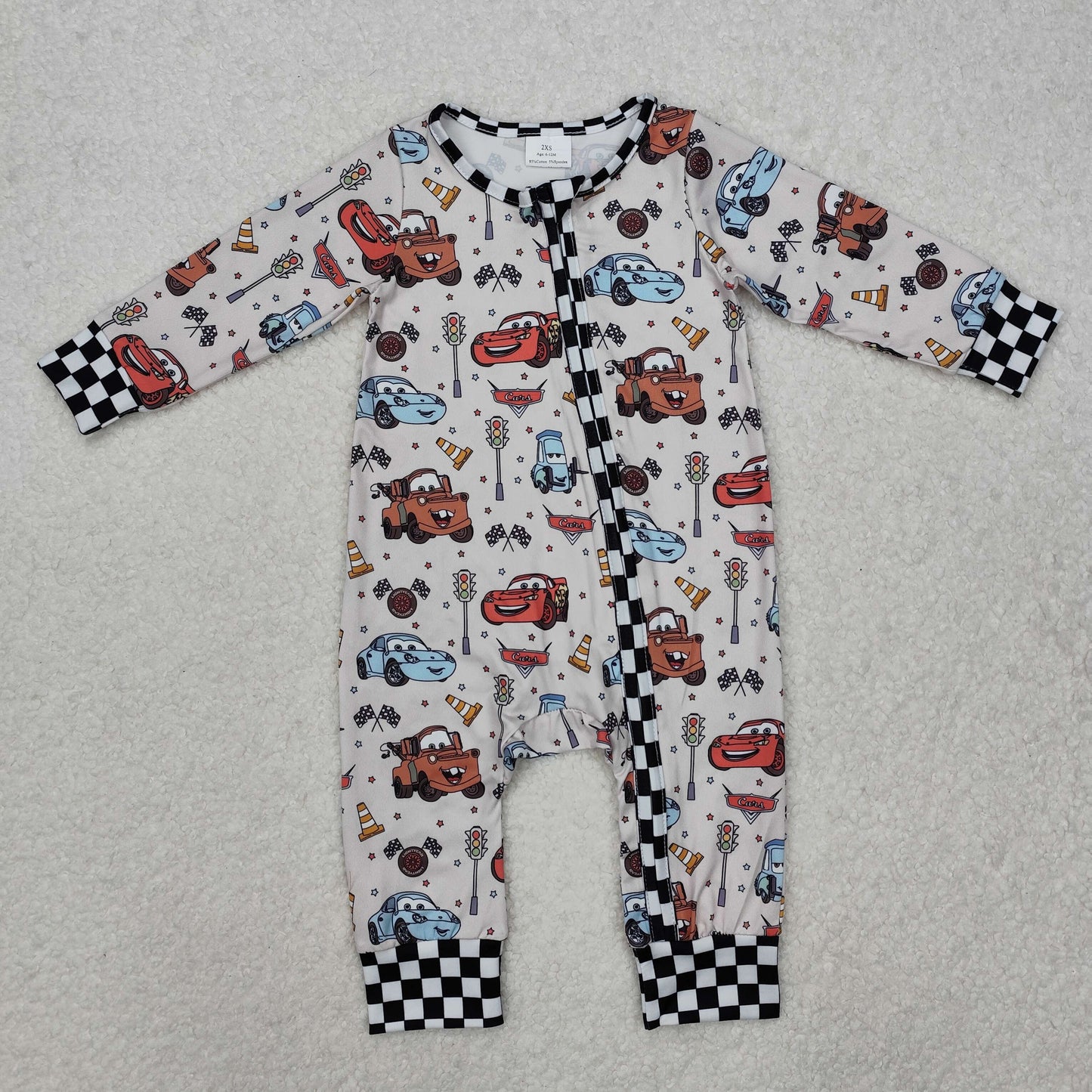 Custom moq 20 bamboo Cartoon car black checkered long sleeve zipper boys romper