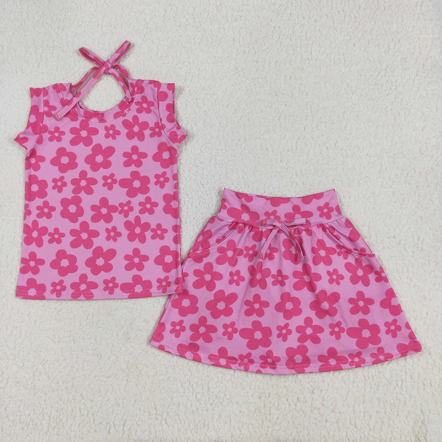 GSD2583 hot pink flowers sleeveless skirt with shorts girls set