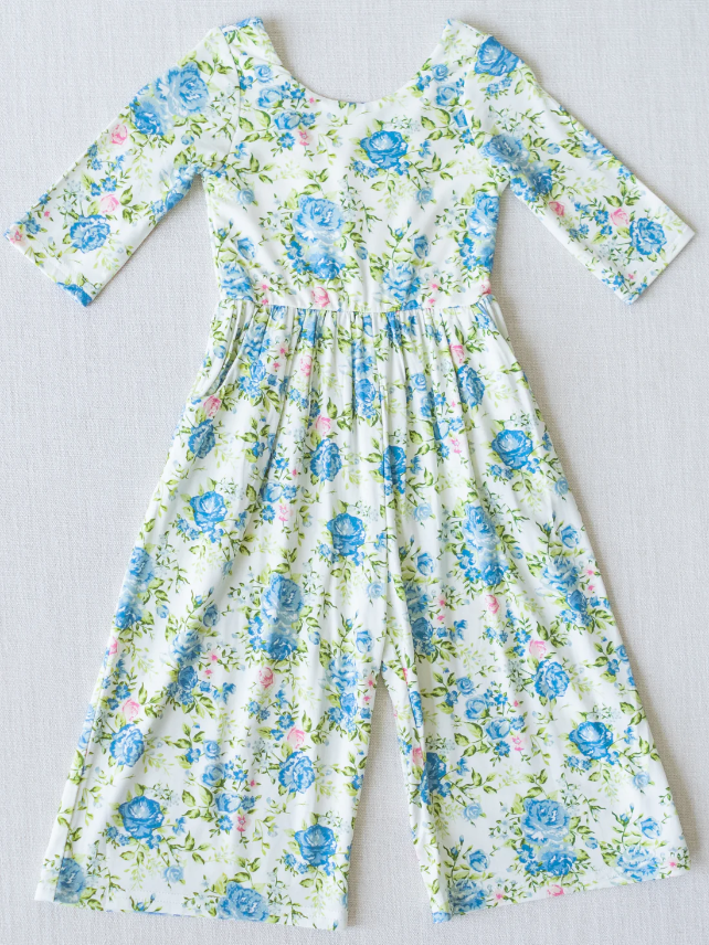 custom Blue flowers pocket long sleeve girls jumpsuit