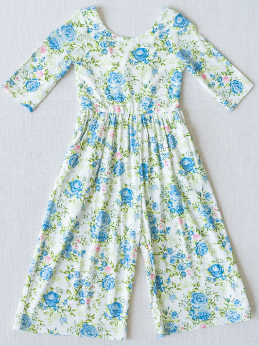 custom Blue flowers pocket long sleeve girls jumpsuit