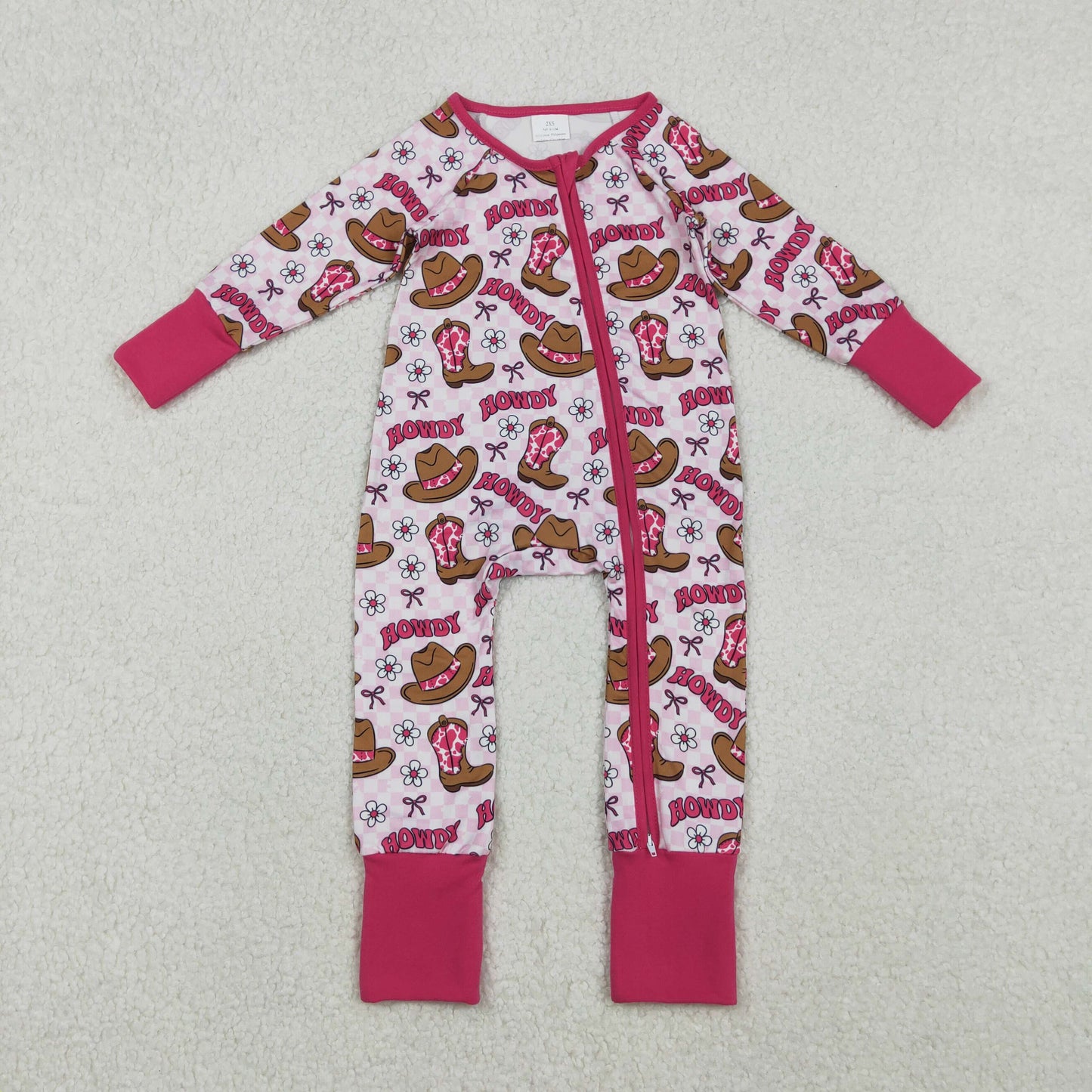 LR2516 Western howdy boot hot pink zipper long sleeve girls romper