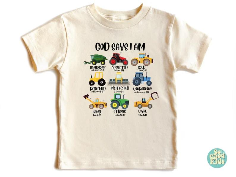 custom moq 3 God says i am Construction truck short sleeve kids top
