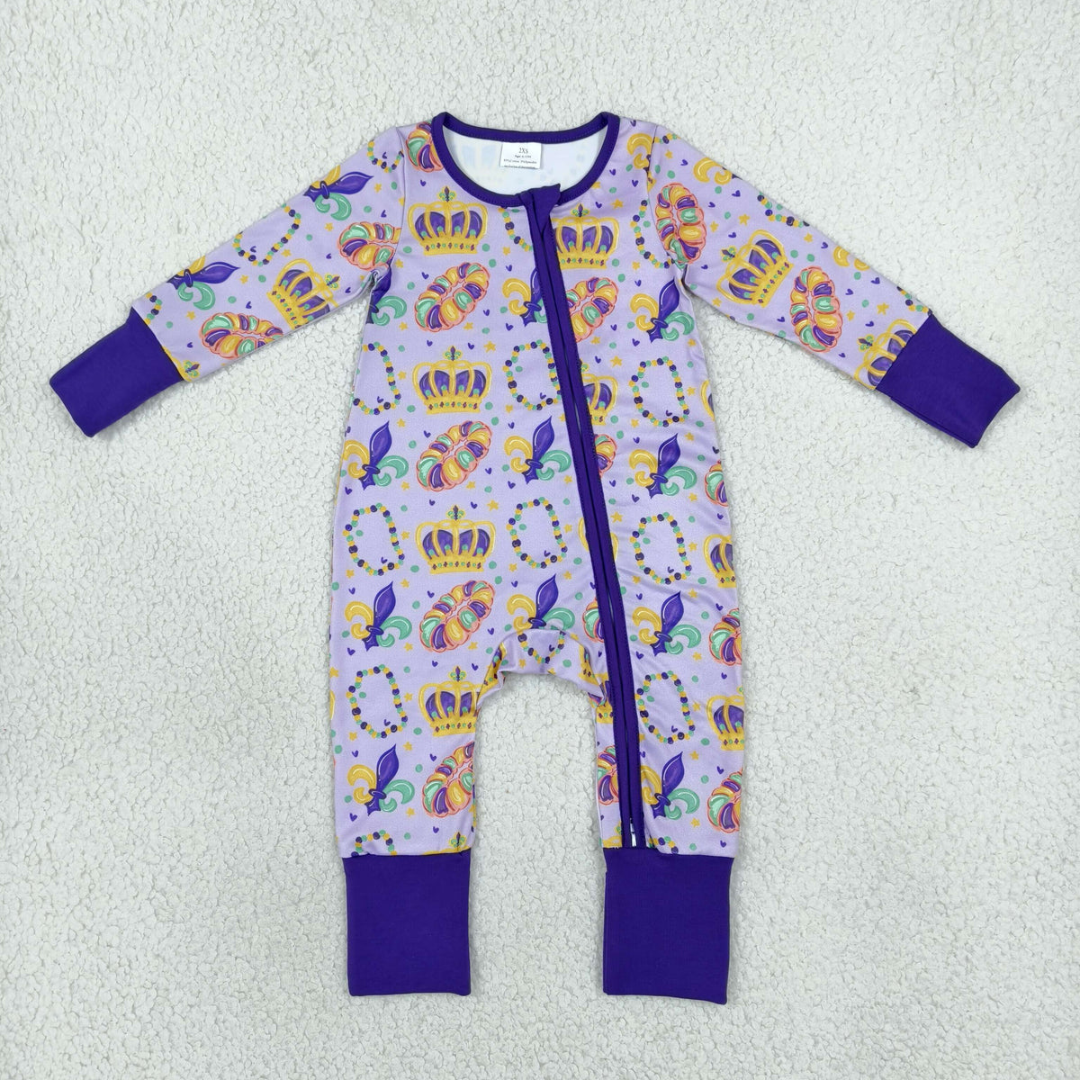 LR3341 Mardi Gras Purple Zipper Long Sleeve Girls Romper