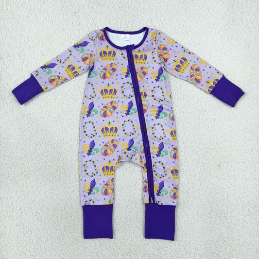 LR3341 Mardi Gras Purple Zipper Long Sleeve Girls Romper