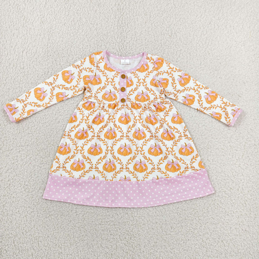 GLD1627 Pumpkin Bows Pink Long Sleeve Girls Dress