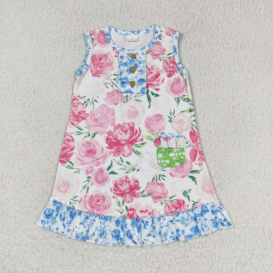 GSD1154 pink flowers blue flowers floral sleeveless girls dress