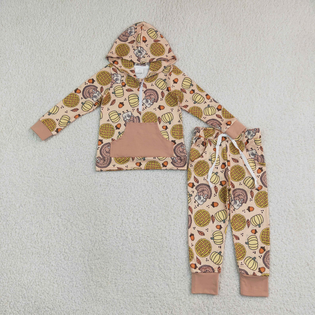 BLP1504 Thankgiving Turkey Pumpkin Pocket Hoodie Long Sleeve Pants Boys Set