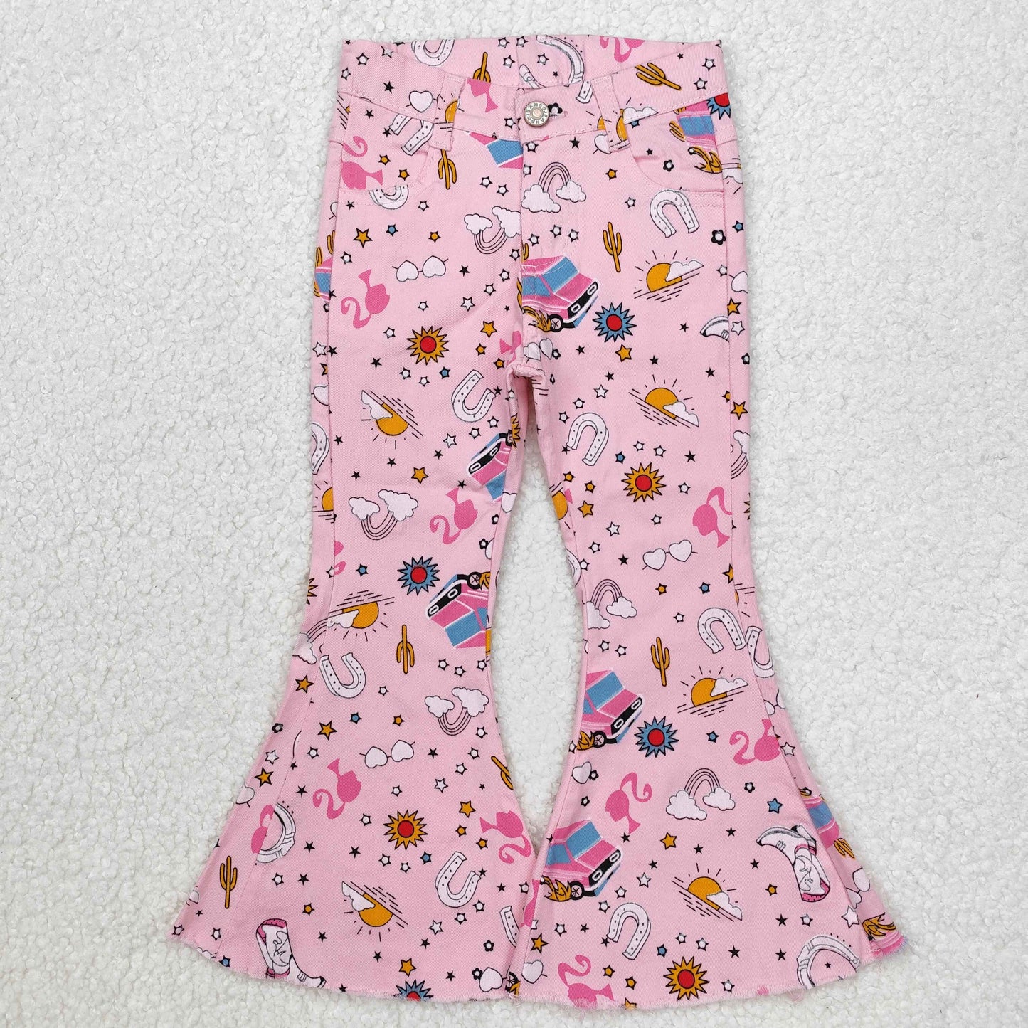 P0407 Cartoon BA Western Bus Cactus Pink Girls Jeans Denim Pants