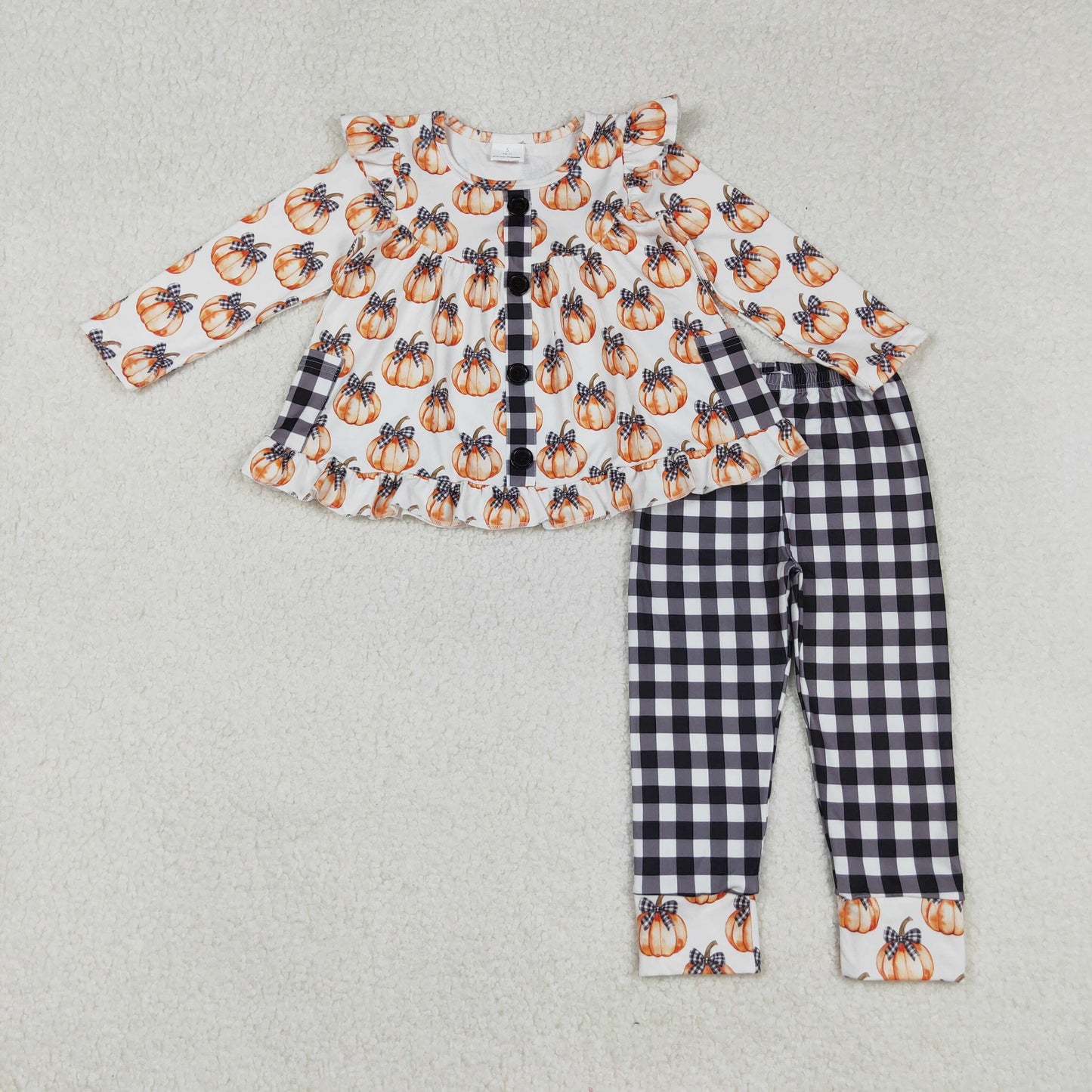 GLP2692 Autumn pumpkin bows long sleeve black checkered pants girls set