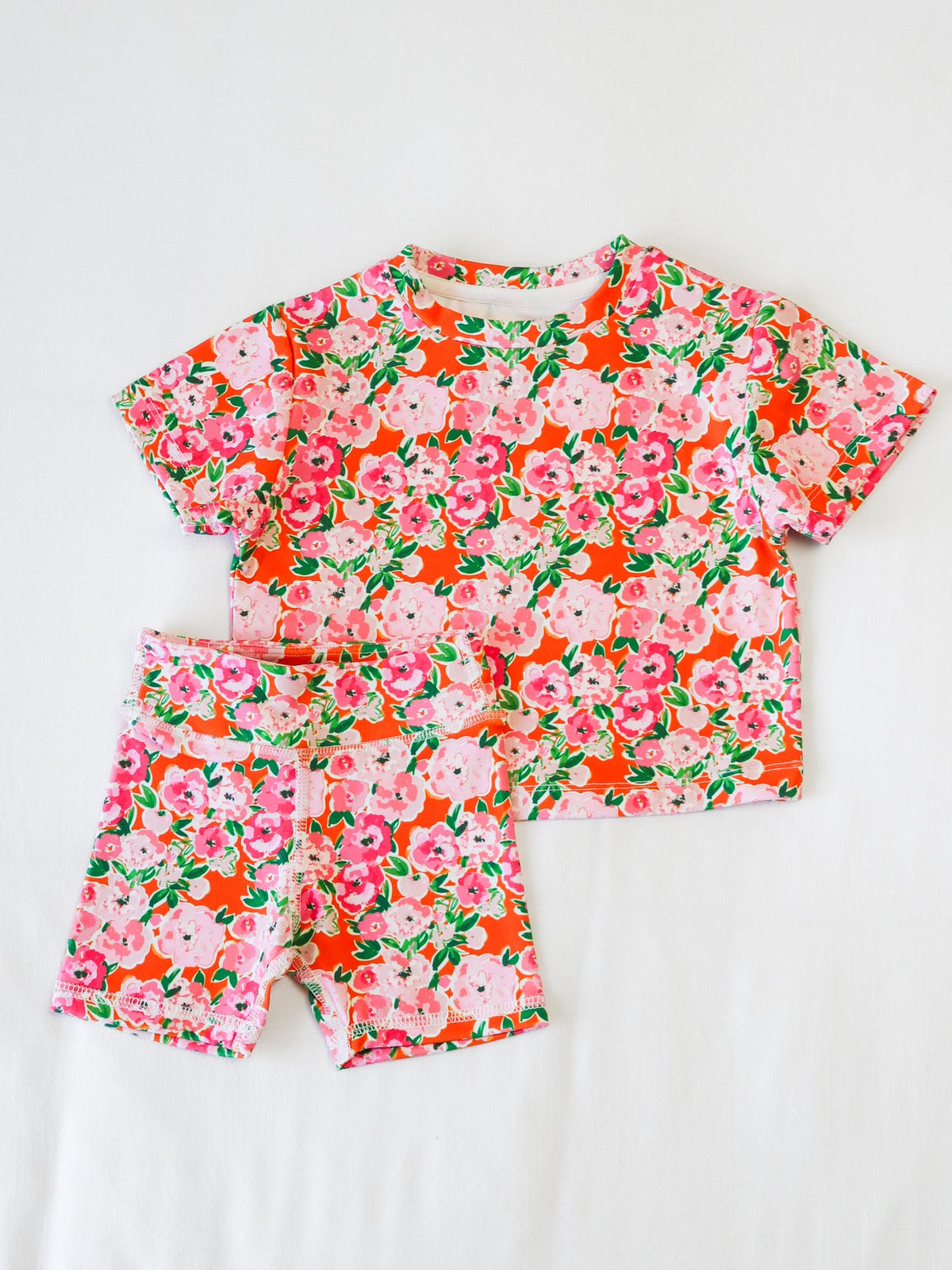 custom moq 3 cute pink flowers orange flowers short sleeve shorts girls set