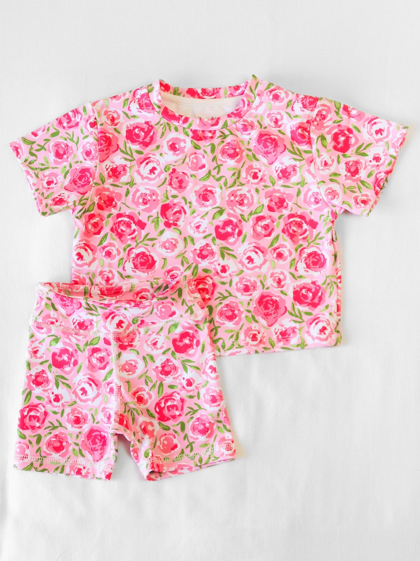 custom moq 3 cute hot pink flowers rose short sleeve shorts girls set