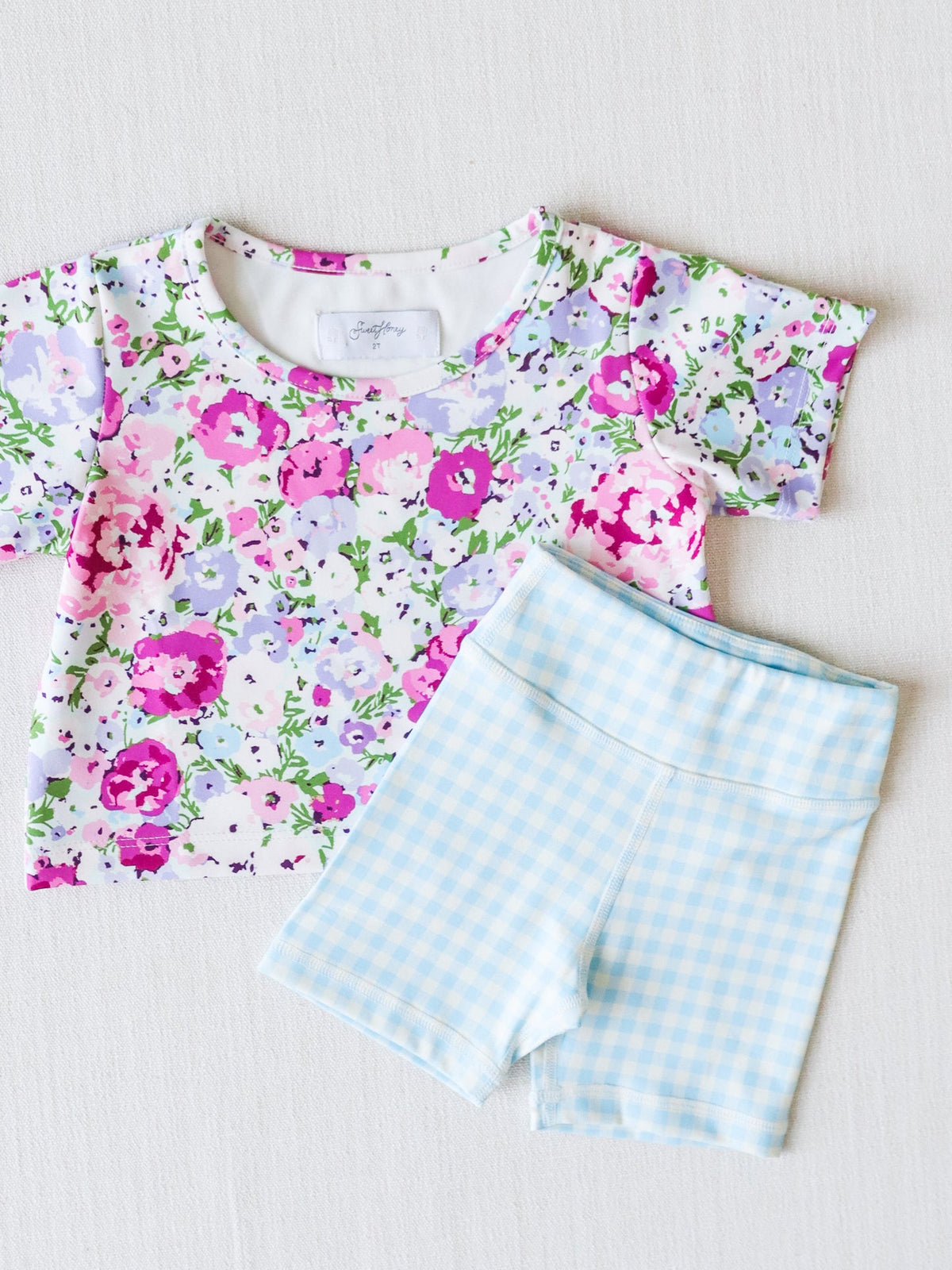 custom moq 3 cute pink flowers purple flowers short sleeve blue checkered shorts girls set