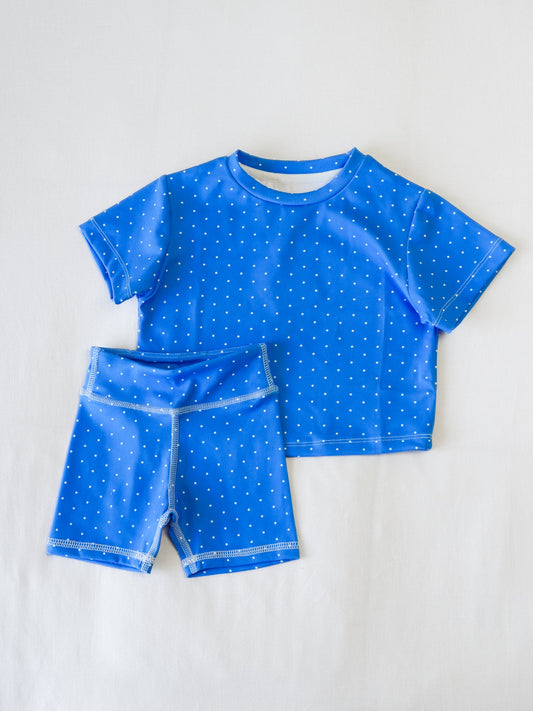 custom moq 3 cute navy blue dot short sleeve shorts girls set