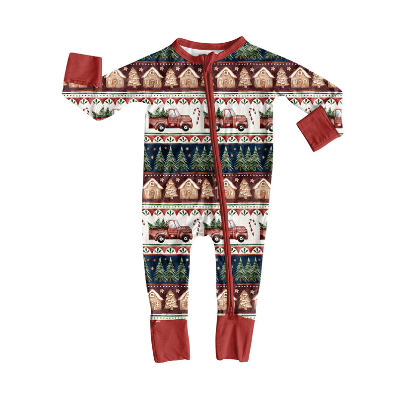 Custom moq 20 bamboo Christmas truck tree gingerbread house zipper long sleeve boys romper