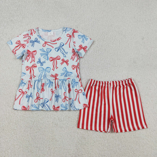 GSSO2838 July 4th Red Blue Bows Short Sleeve Red Striped Shorts Girls Set