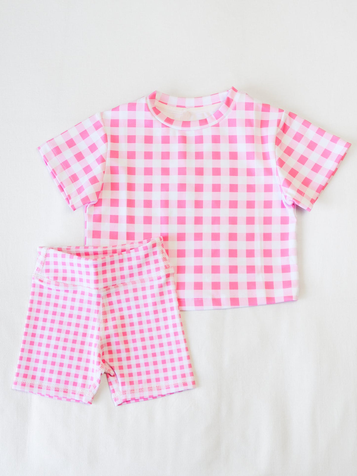 custom moq 3 cute pink checkered short sleeve shorts girls set