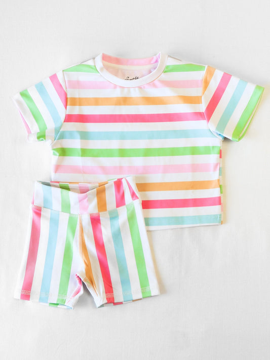 custom moq 3 cute rainbow striped short sleeve shorts girls set