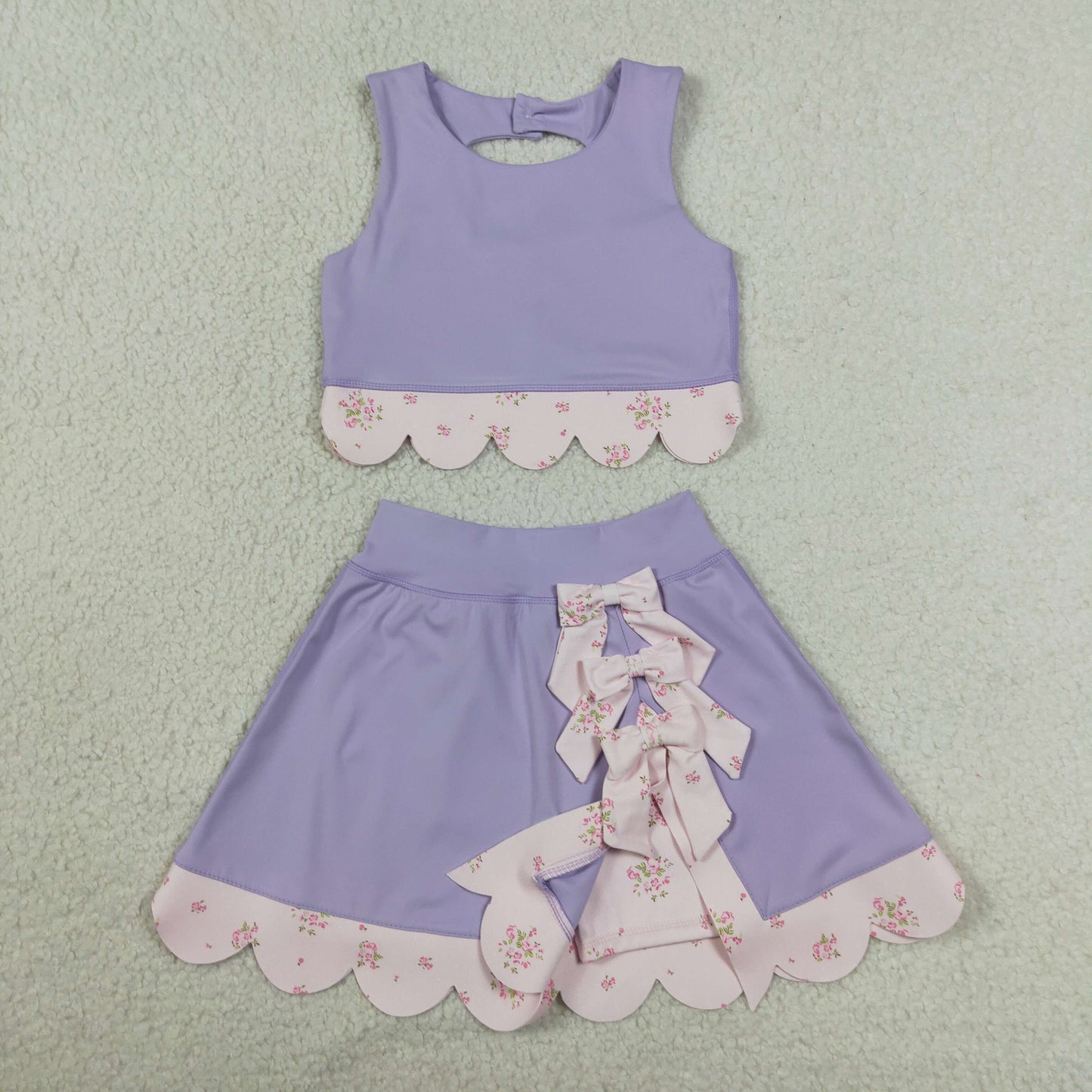 GSD3323 Yoga Solid Color Purple Sleeveless Bows Skorts Girls Set