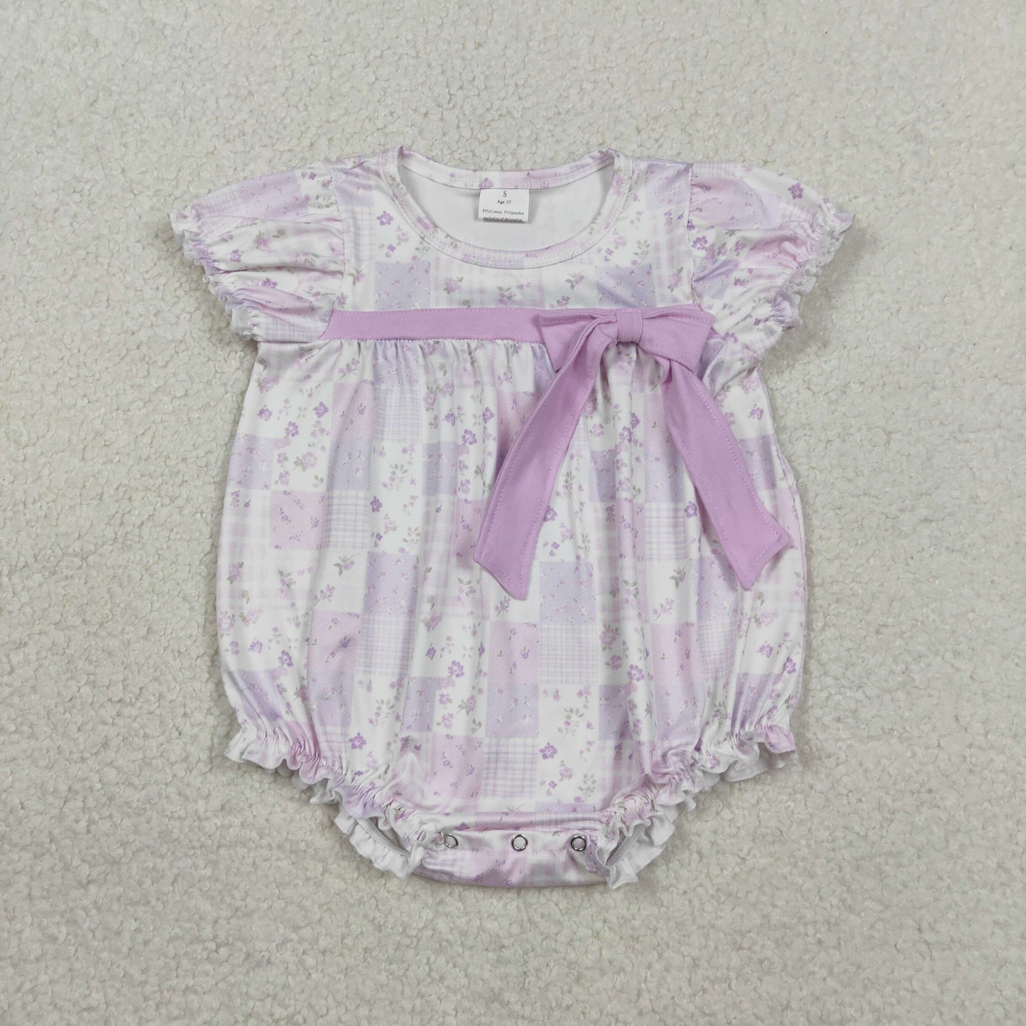 SR3730 Purple Flowers Bow Short Sleeve Girls Romper