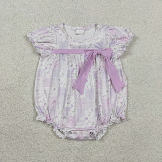 SR3730 Purple Flowers Bow Short Sleeve Girls Romper