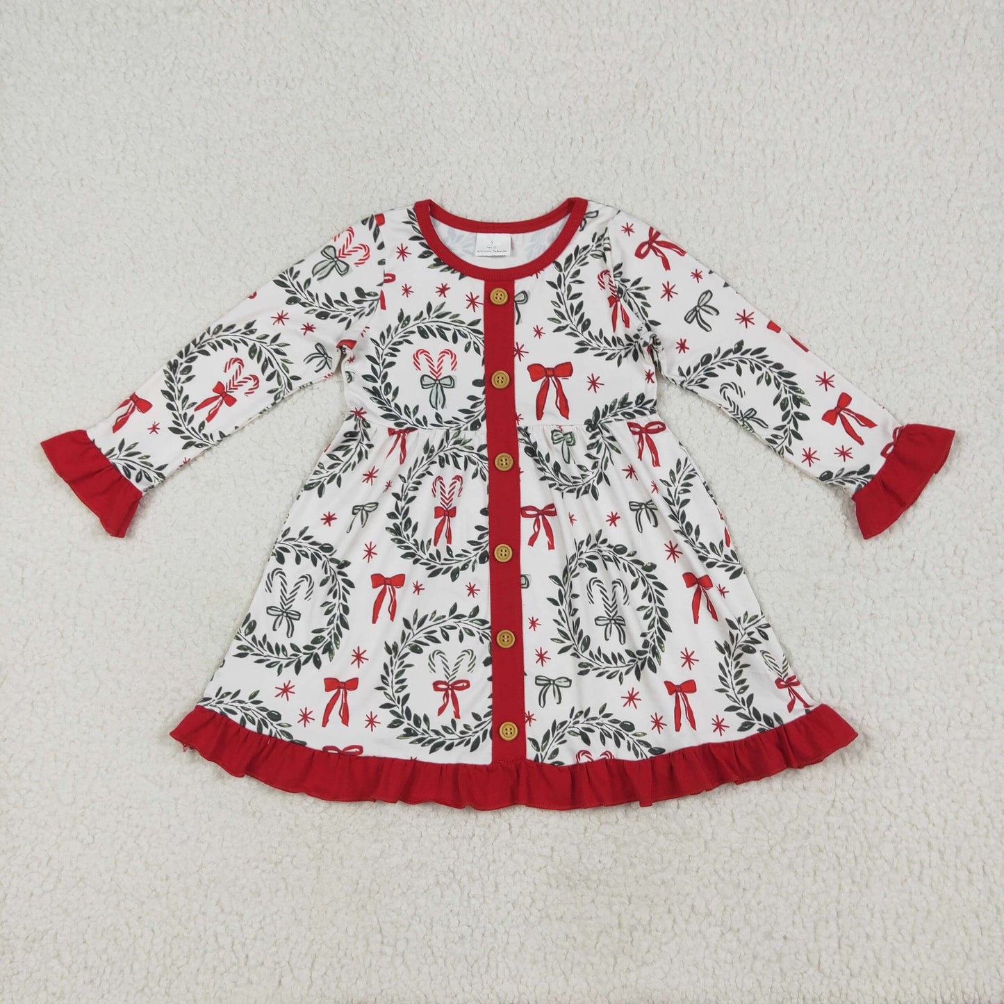 GLD1082 Christmas candy cane leaf red long sleeve girls dress
