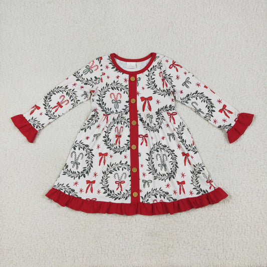 GLD1082 Christmas candy cane leaf red long sleeve girls dress