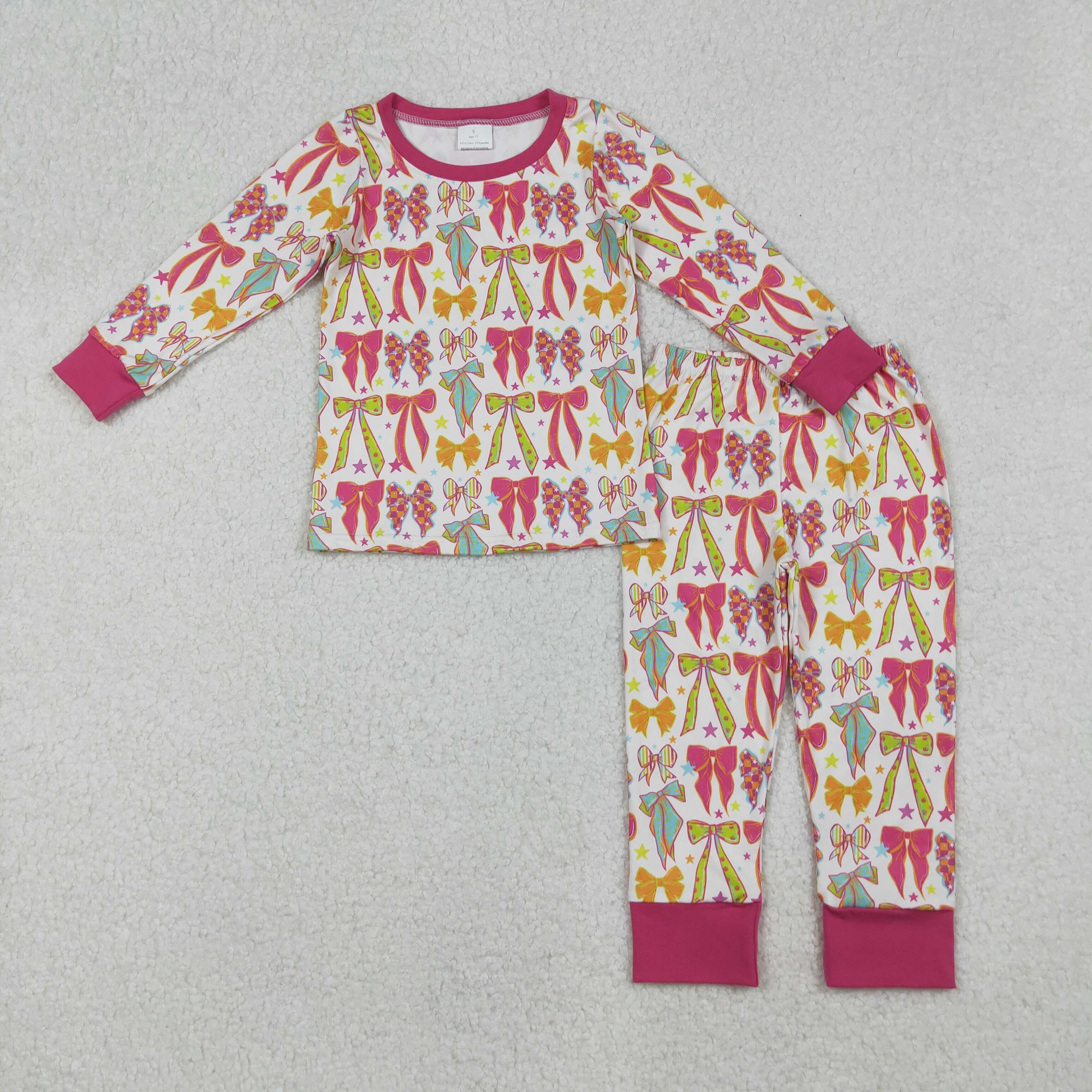 GLP2615 colorful hot pink/yellow/blue bows long sleeve pants girls paj ...