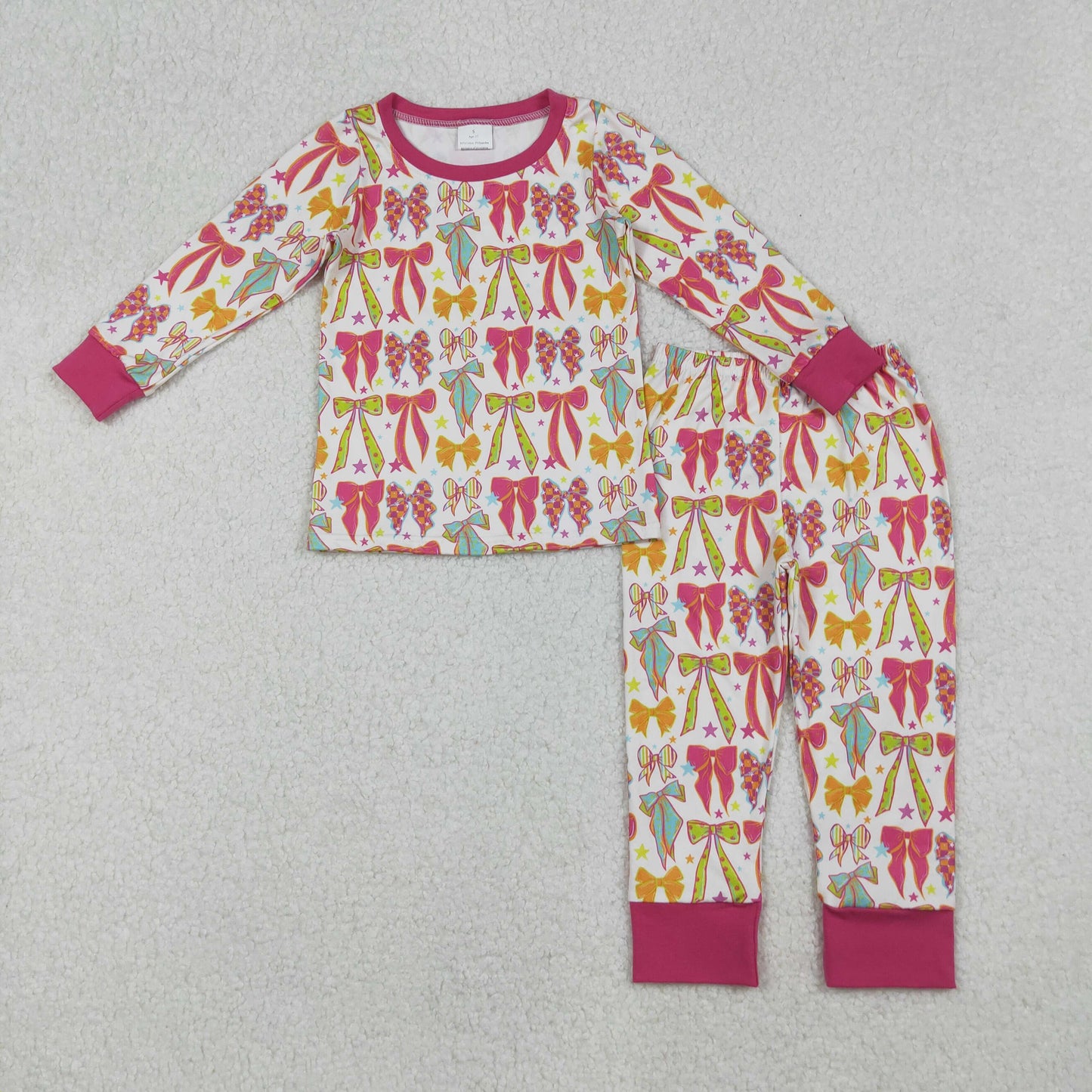 GLP2615 colorful hot pink/yellow/blue bows long sleeve pants girls pajamas
