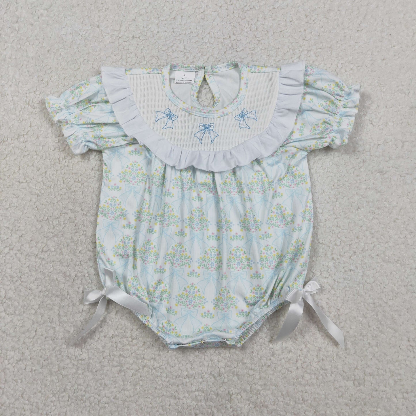 Enbroidery SR3487 Blue Bows Flowers Short Sleeve Girls Romper