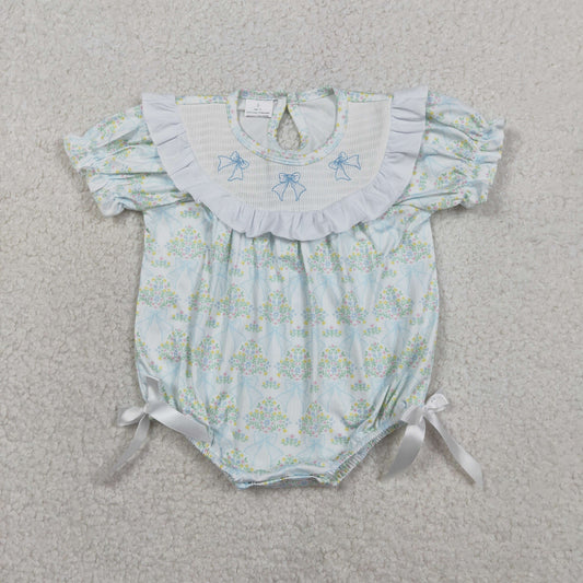 Enbroidery SR3487 Blue Bows Flowers Short Sleeve Girls Romper