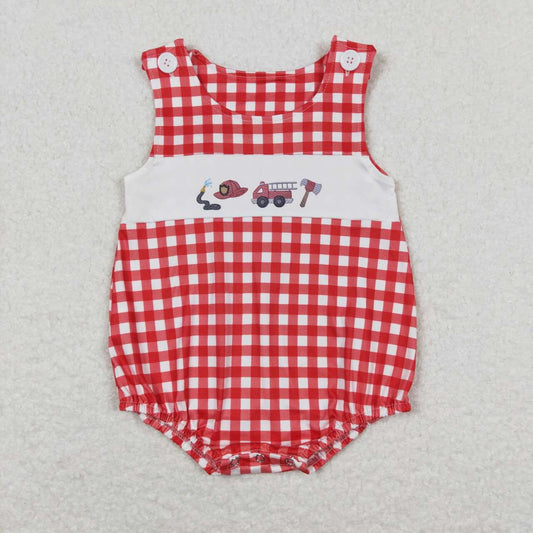 SR1174 Fire truck red checkered boys romper