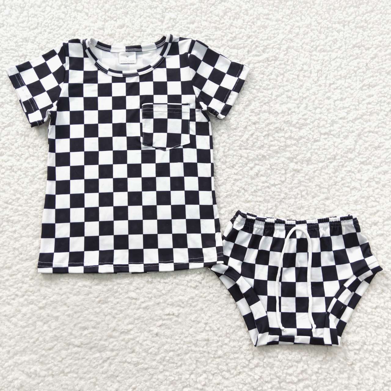 GBO0144 Black Short Sleeve Plaid Print Pocket Baby Kids Bummies Set