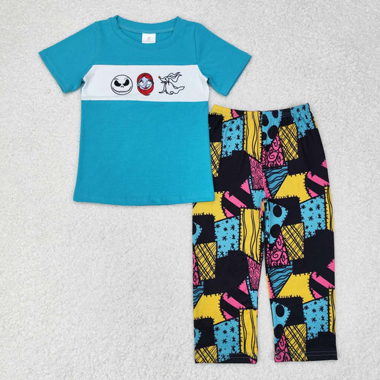 BSPO0416 Halloween skull blue short sleeve colorful stitch print pants boys set