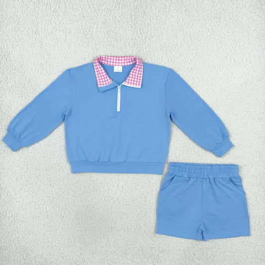 GLS0228 Dark Blue Zipper Long Sleeve Shorts Girls Set