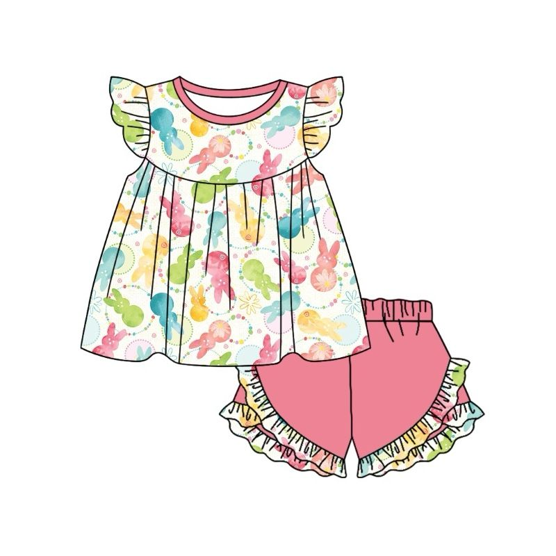 preorder GSSO1512 Easter colorful bunny rabbit flutter sleeve watermelon red shorts girls set