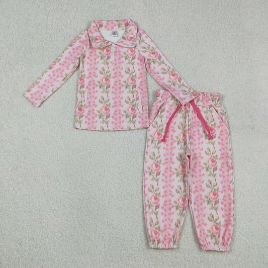 GLP2940 yoga rose flowers pink zipper long sleeve pants girls set