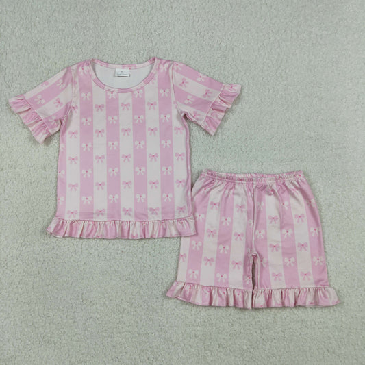 GSSO3341 Pink Bows Short Sleeve Shorts Girls Set