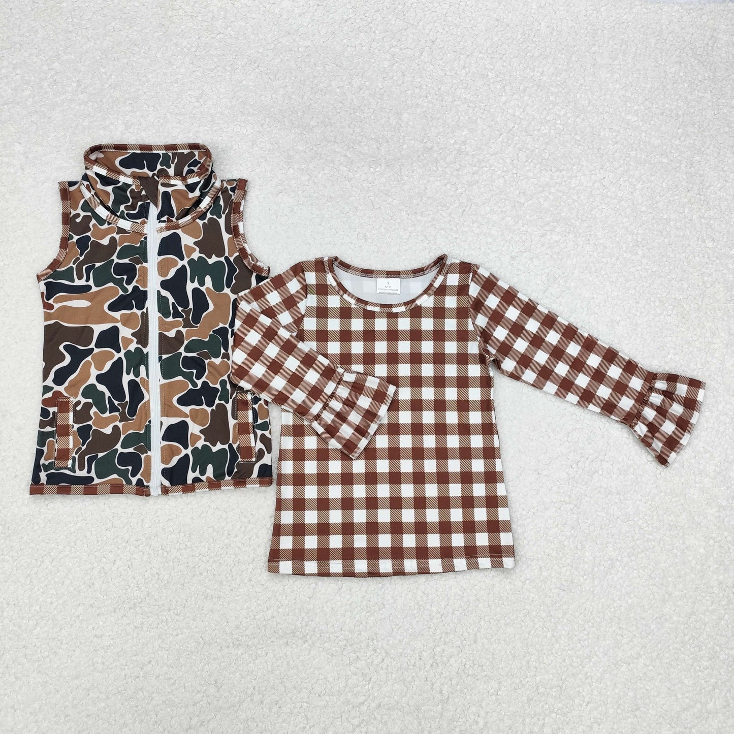 GT0741 brown checkered long sleeve camo sleeveless zipper girls coat 2pcs