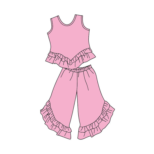 custom trendy pink sleeveless pants girls ruffles set
