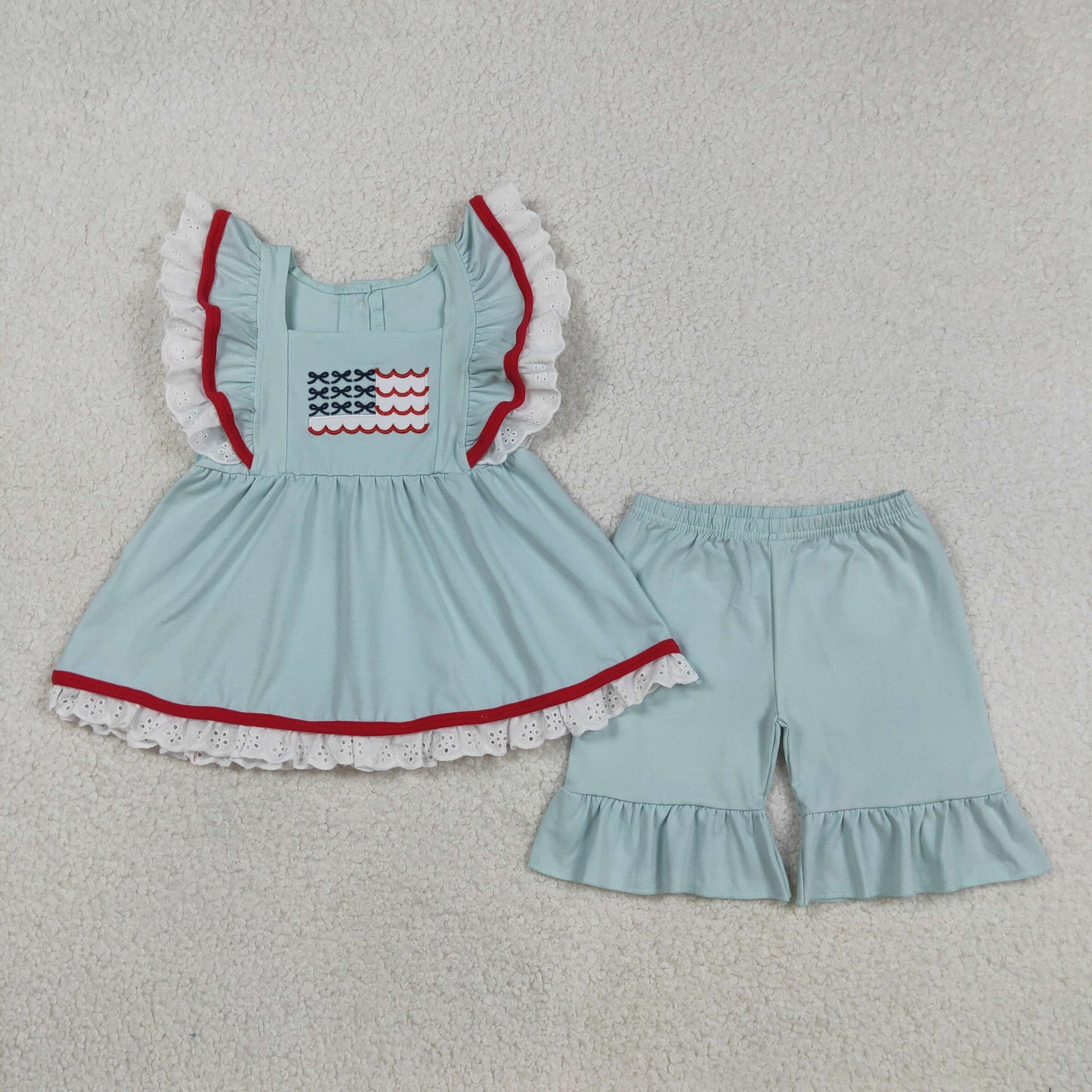 Embroidery GSSO2926 July 4th Flag Blue Flutter Sleeve Shorts Girls Set