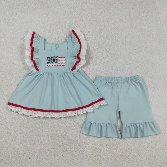 Embroidery GSSO2926 July 4th Flag Blue Flutter Sleeve Shorts Girls Set