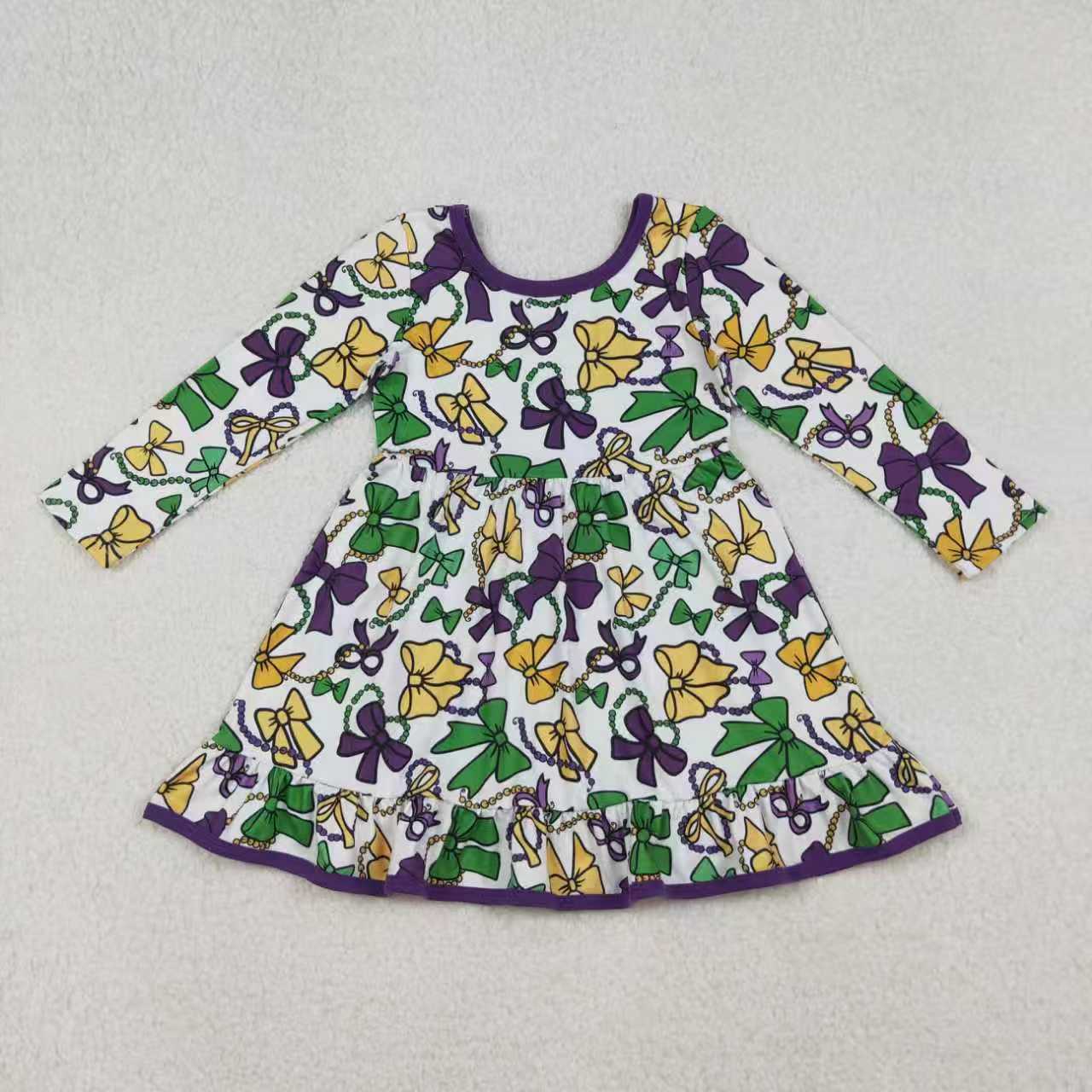 Mardi Gras green yellow purple bows romper/dress/pajamas RTS sibling clothes