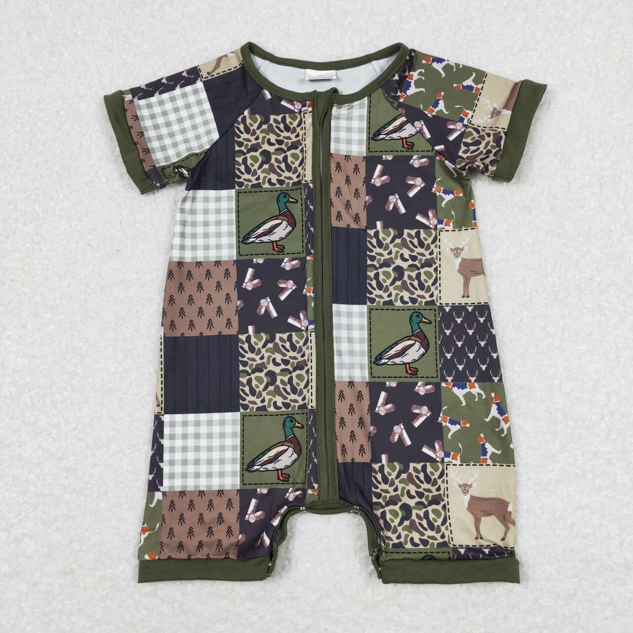 SR0902 Hunting Mallard Deer Brown Green Checkered Short Sleeve Zipper Boys Romper