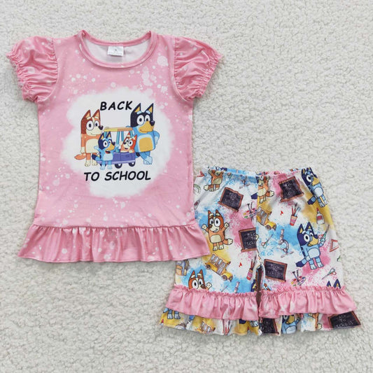GSSO0360 Back To School Cartoon Dog Pink Short Sleeves Girls Set