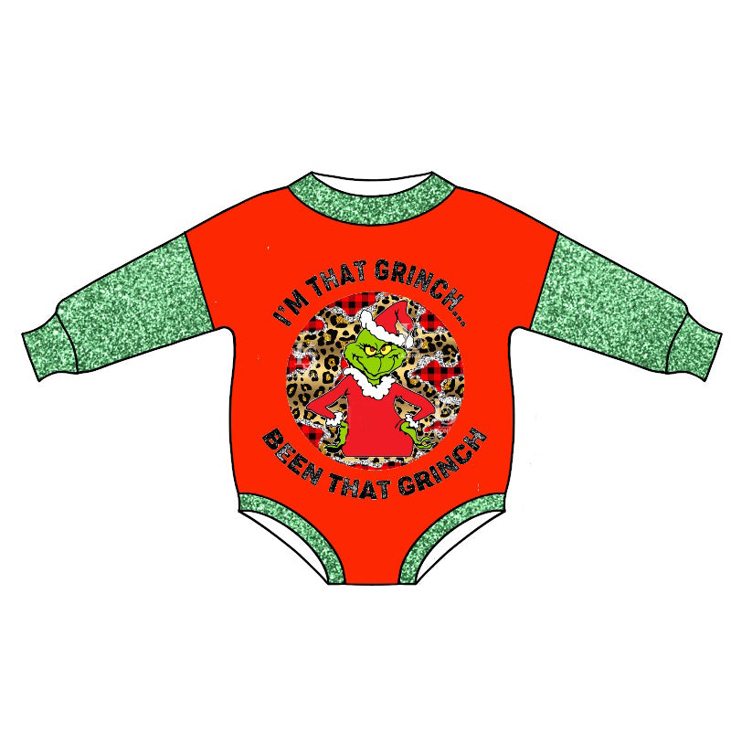 preorder LR0681 Christmas green face red long sleeve kids romper