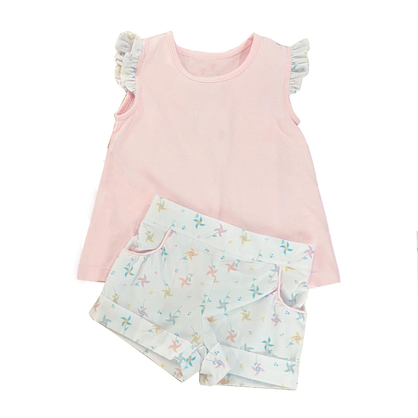 preorder GSSO0779 Cartoon windwill pink flutter sleeve shorts girls set