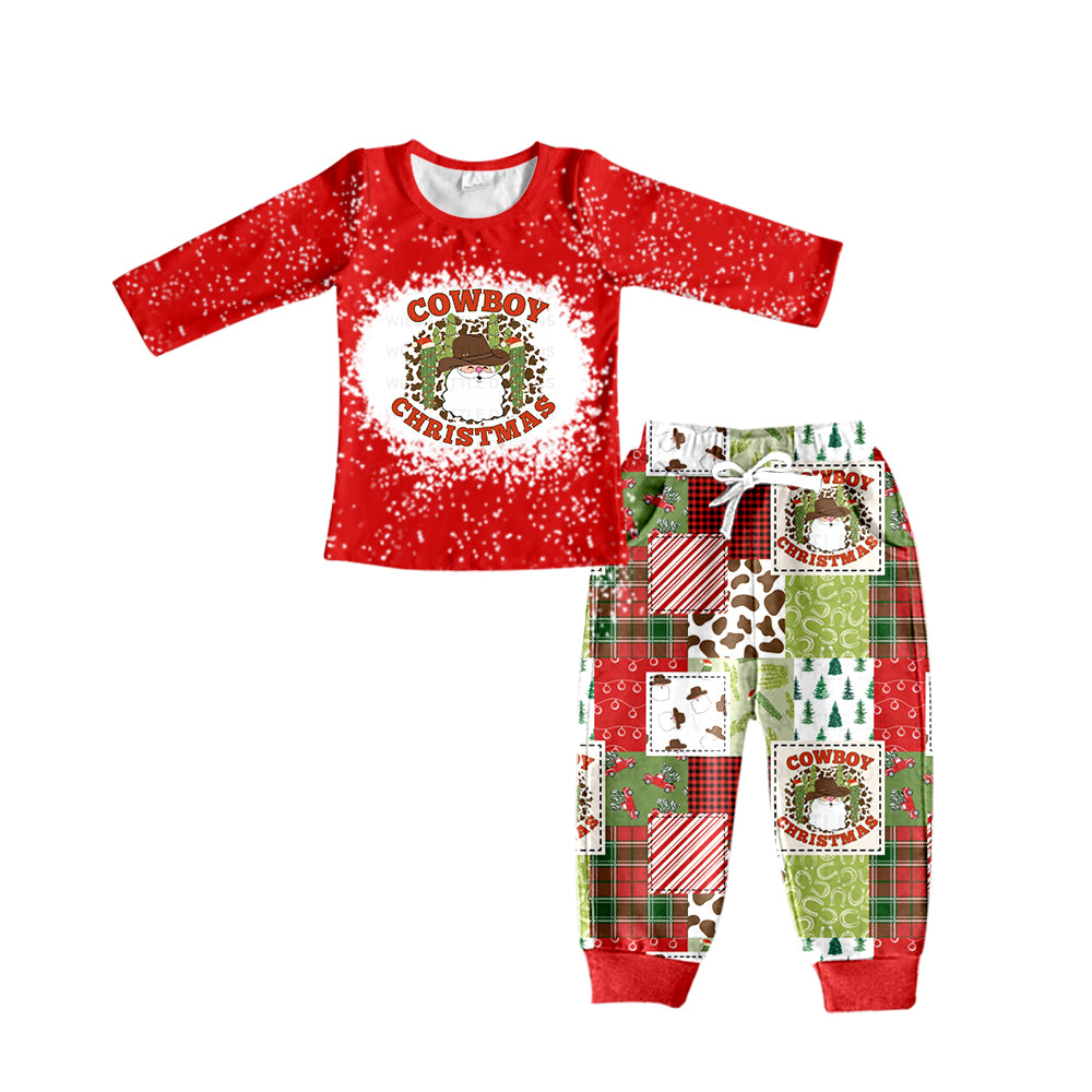 preorder BLP0375 Cowboy Christmas Santa Claus red long sleeve boys set