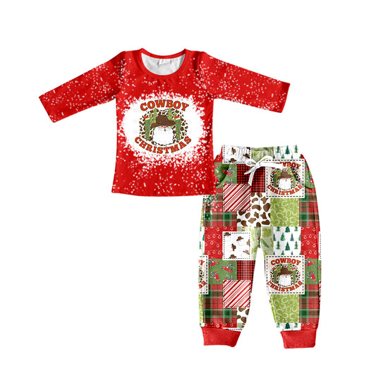 preorder BLP0375 Cowboy Christmas Santa Claus red long sleeve boys set