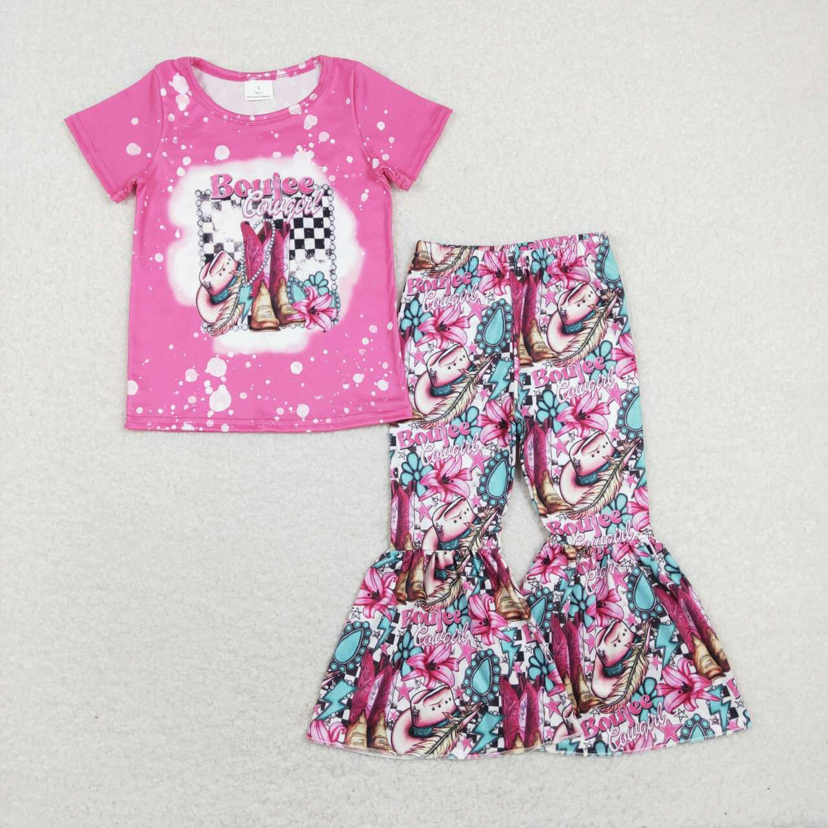 GSPO1293 Western Cowgirl Boot Flowers Hot Pink Short Sleeve Germ Pants Girls Set